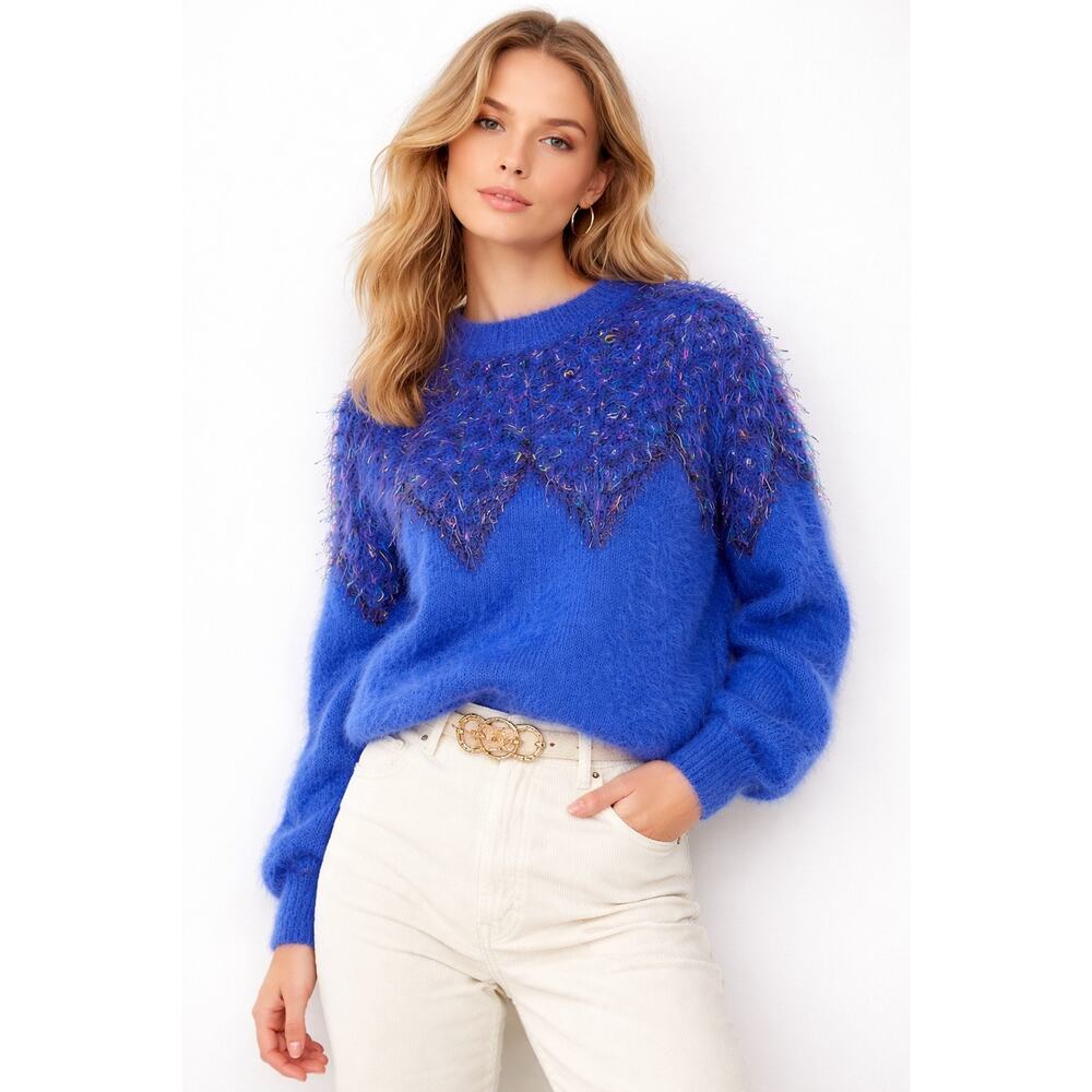 Atlandia Mohair Wool Sweater Fuzzy Blue Confetti Textured Grandma Grunge S/M 80s